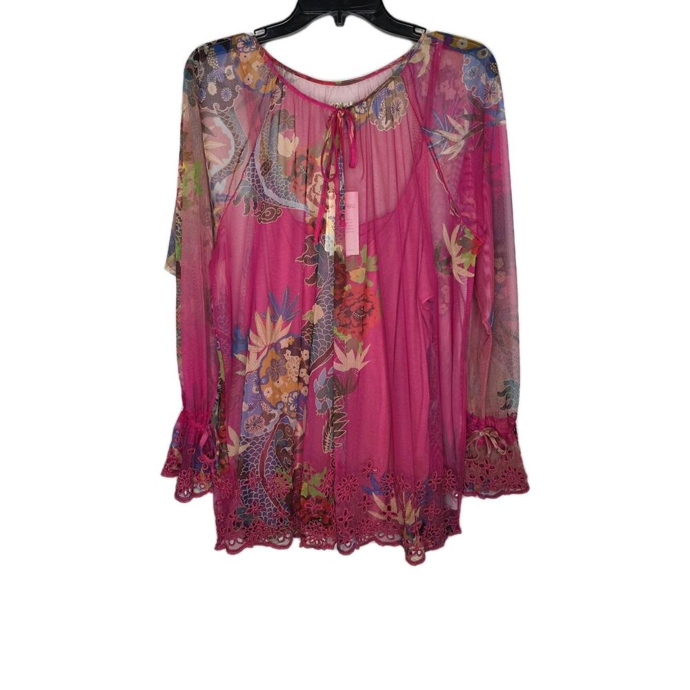 Johnny Was L Mazzy Floral Print Embroidered Mesh Split V-Neck Peasant Blouse